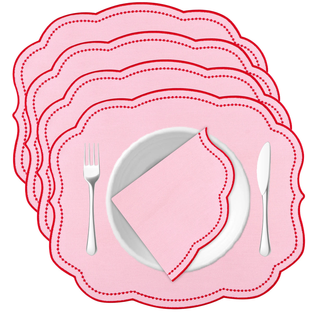 serviettes table rose vert beige scalloped bordure pointillé blanc opaques classiques table manger