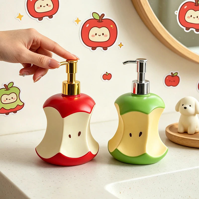 distributeur savon liquide pomme rouge vert moderne salle bain ludique pompe dorée