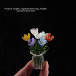 bouquet artificiel violet jaune vert blanc bleu orange feuilles vertes miniature vase transparent six