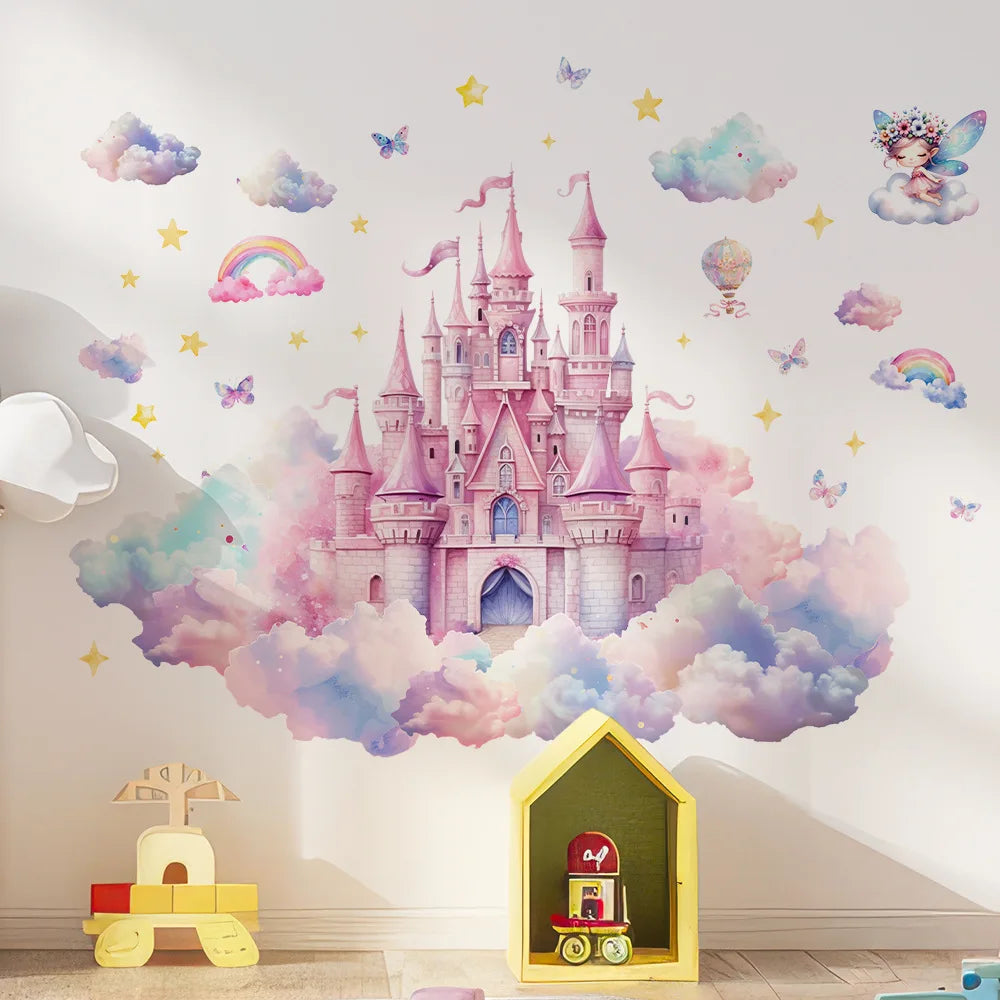 autocollants muraux château nuages arc ciel étoiles papillons dessin animé chambre fille salle jeux