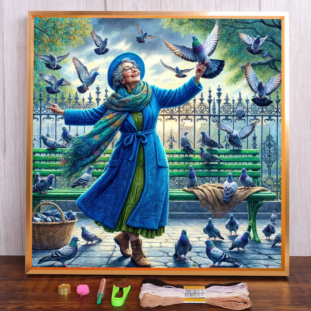 tableau broder point croix personnage paysage pigeons motifs floraux aiguille ruban coton 11ct 14ct