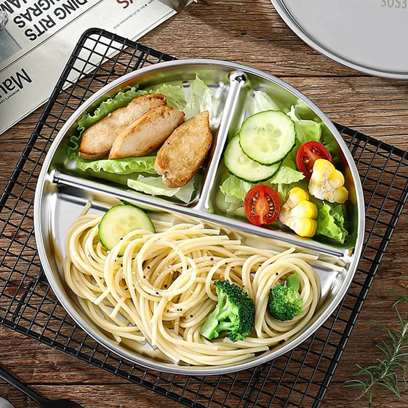 assiette compartimentée moderne trois sections acier inoxydable lisse argentée utilisation quotidienne école repas collations