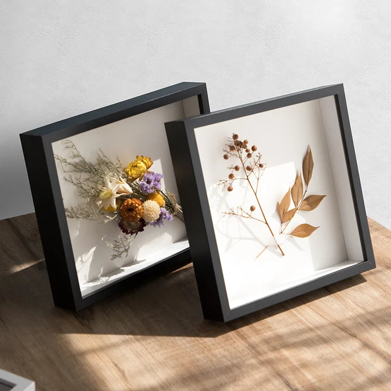 cadres profonds bois clair fleurs séchées coquillages vitre transparente rustique minimaliste