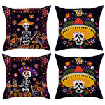 ensemble quatre taies d'oreiller décoratives crâne mexicain fleurs violet jaune folklorique maison