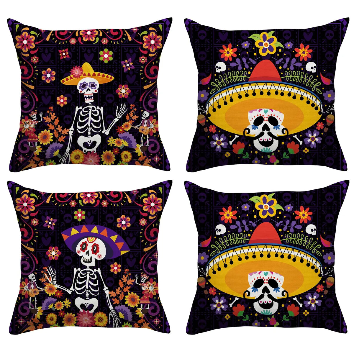 lot taies d'oreiller carrées crâne mexicain fleurs pop art violet bleu rose