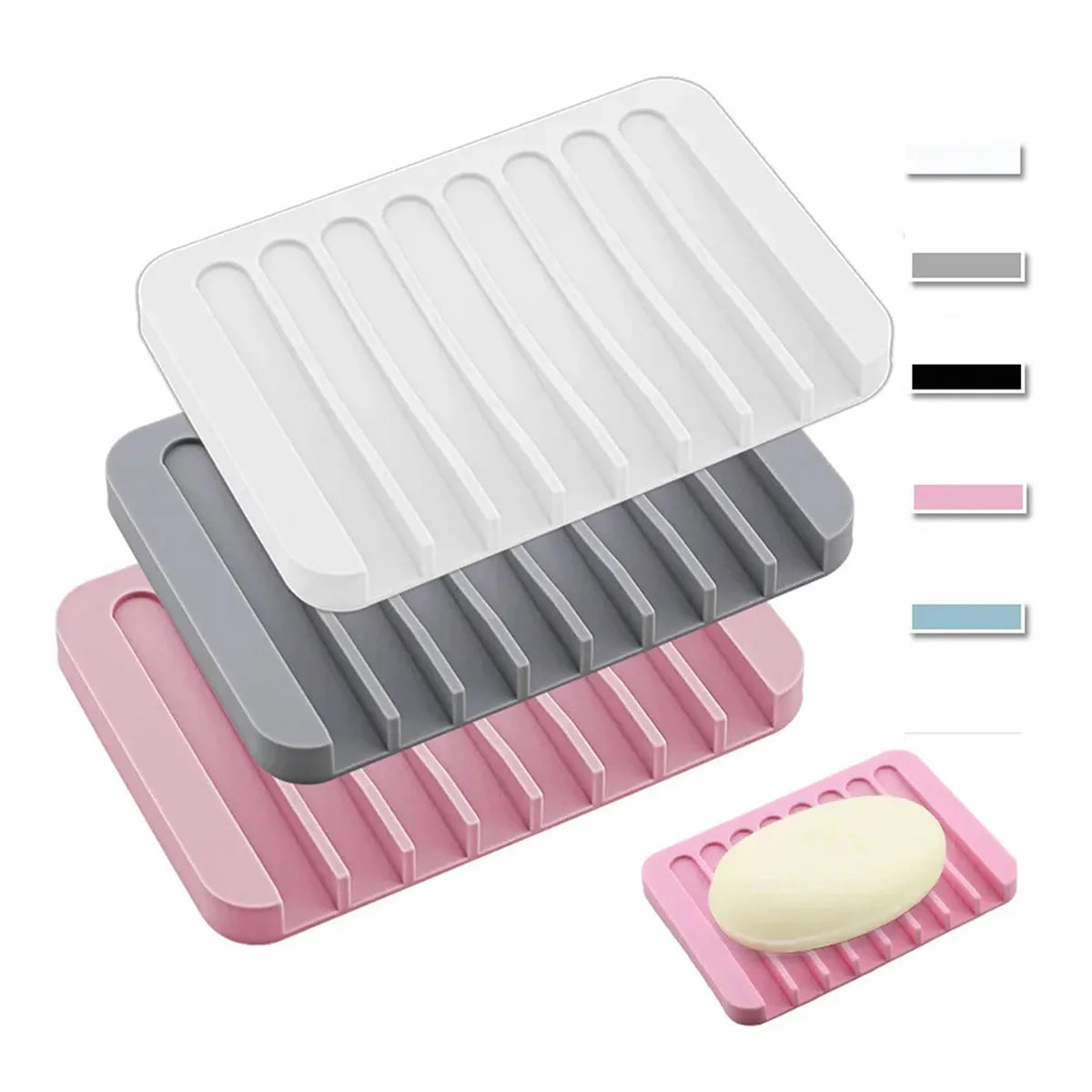 support savon silicone rayures horizontales gris rose blanc moderne comptoir salle bains