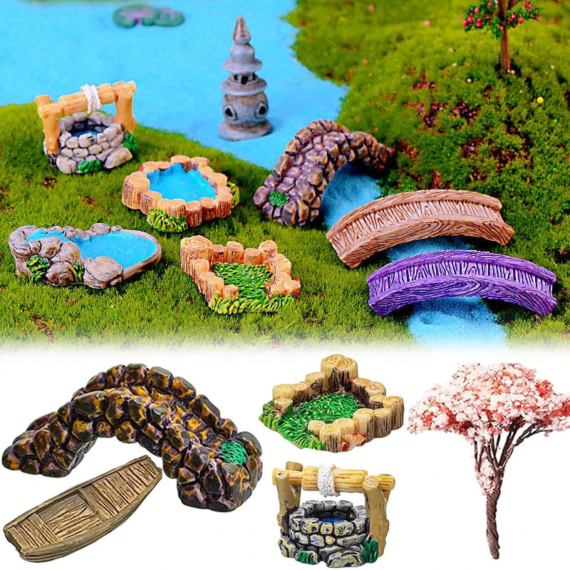 décoration jardin miniature résine arbres animaux ponts lanternes maison ornement artisanal