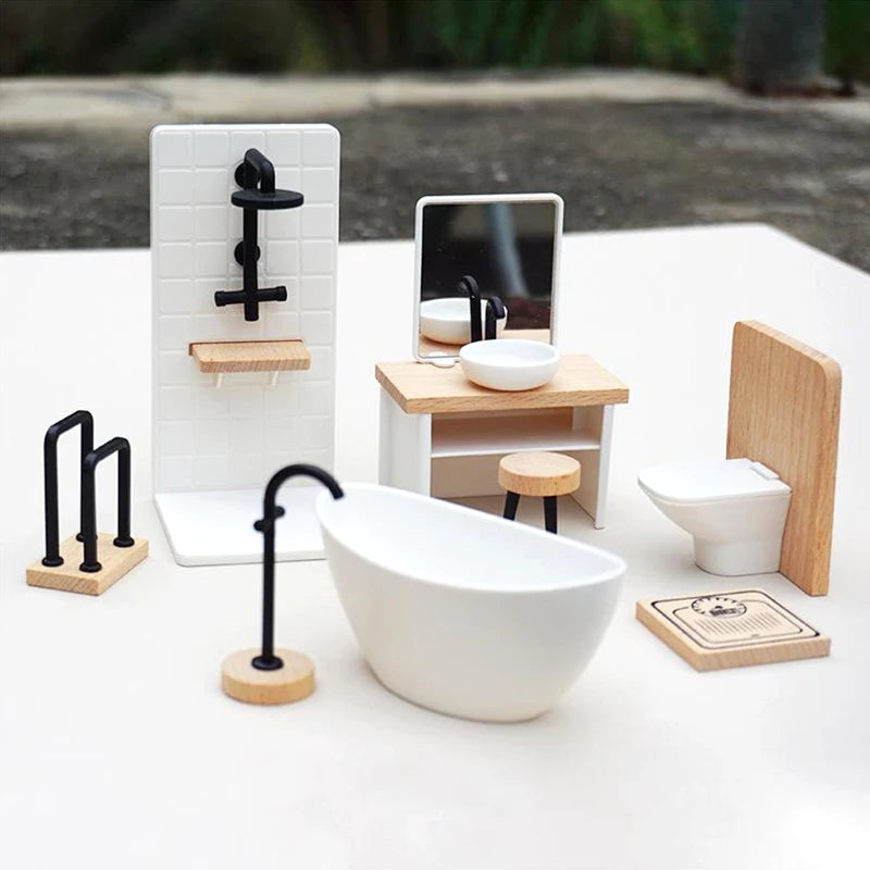 ensemble meubles salle bain miniature blanc bois moderne vasque miroir toilette carreaux minimaliste