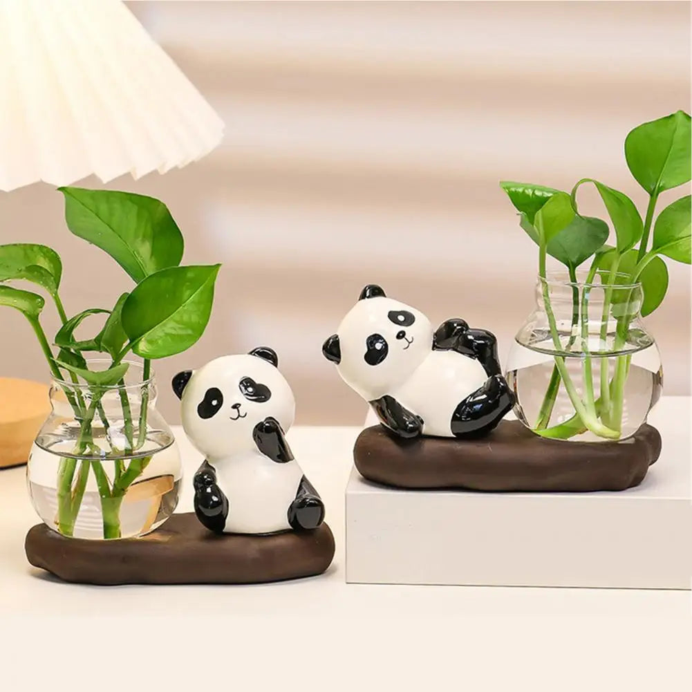 cache pot verre transparent base céramique panda lapin feuilles moderne intérieur blanc noir vert