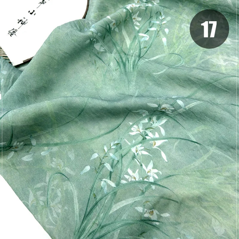 tissu imprimé chinois personnages traditionnels bambous fleurs beige vert bleu rose