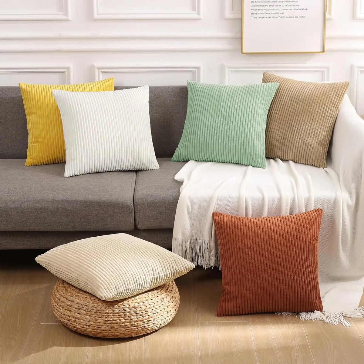 housse coussin velours côtelé rayée beige décorative canapé salon lit moderne doux