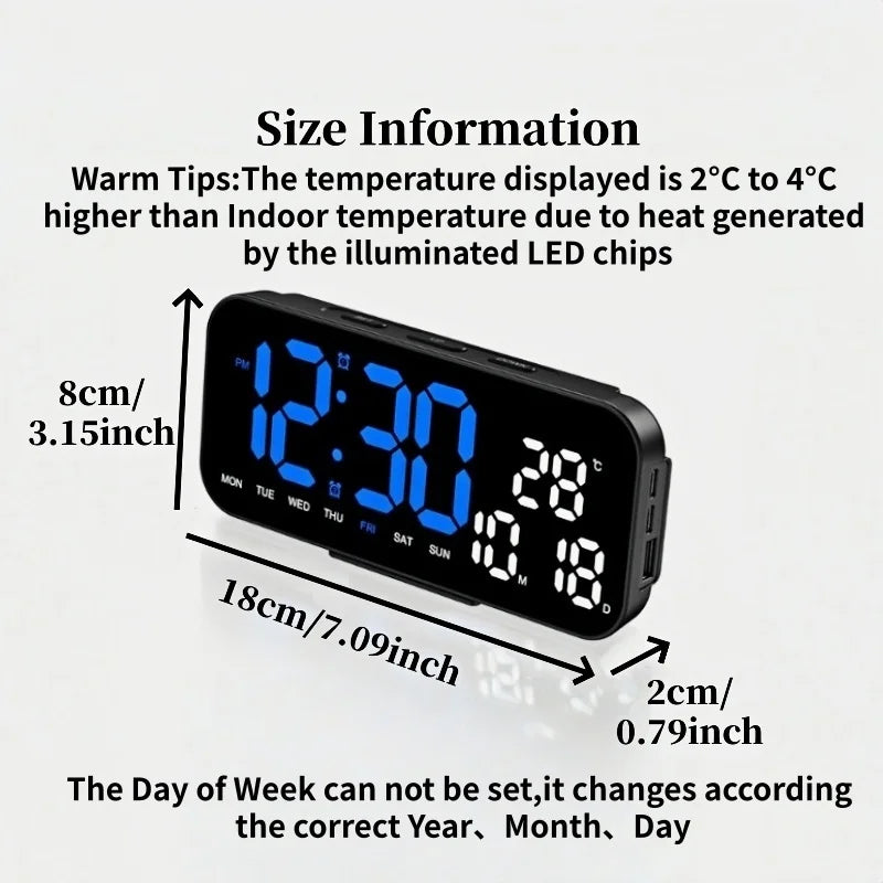 horloge numérique moderne écran led noir bleu blanc réglable luminosité affiche température compteur semaine
