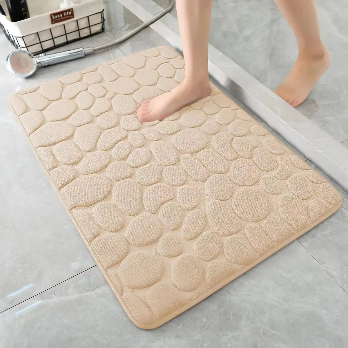 tapis bain absorbant marron rose gris texture galets moderne sans fixation