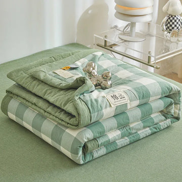 couverture d'été coton pur motif carreaux rose bleu gris lit double grande taille