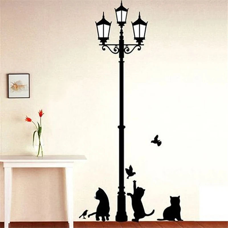 sticker mural noir silhouettes chats oiseaux lampe perron adhésif artisteintérieur decoration opacite creative animated
