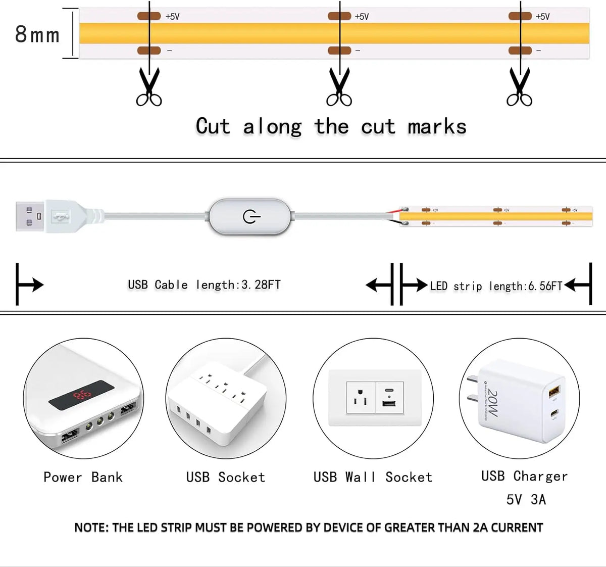 ruban led adhésif blanc bleu vert interrupteur tactile ligne continue moderne câble usb 5v