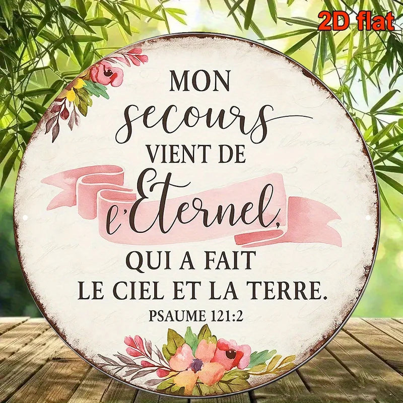 décoration murale vintage plaque circulaire motifs fleurs textes blanc rose