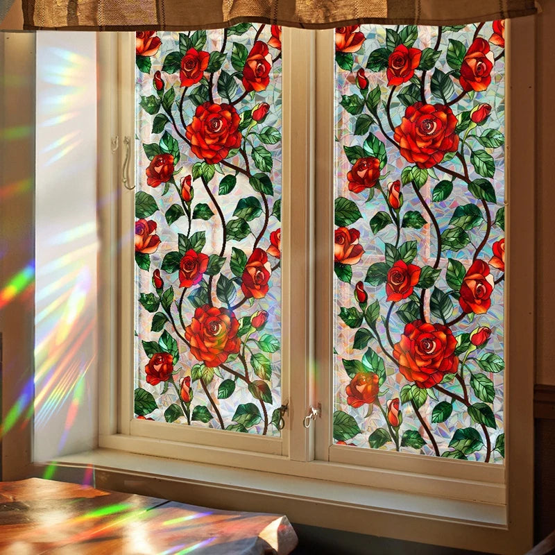film vitrail fleurs papillons adhésif multicolore décoratif fenêtre opacité artiste