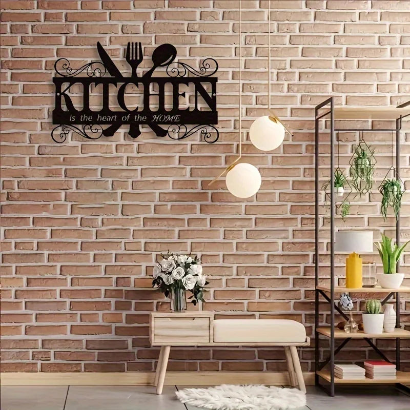 plaque murale décorative moderne artisanale lettres kitchen cœur maison motifs floraux fourchette adhésive noire