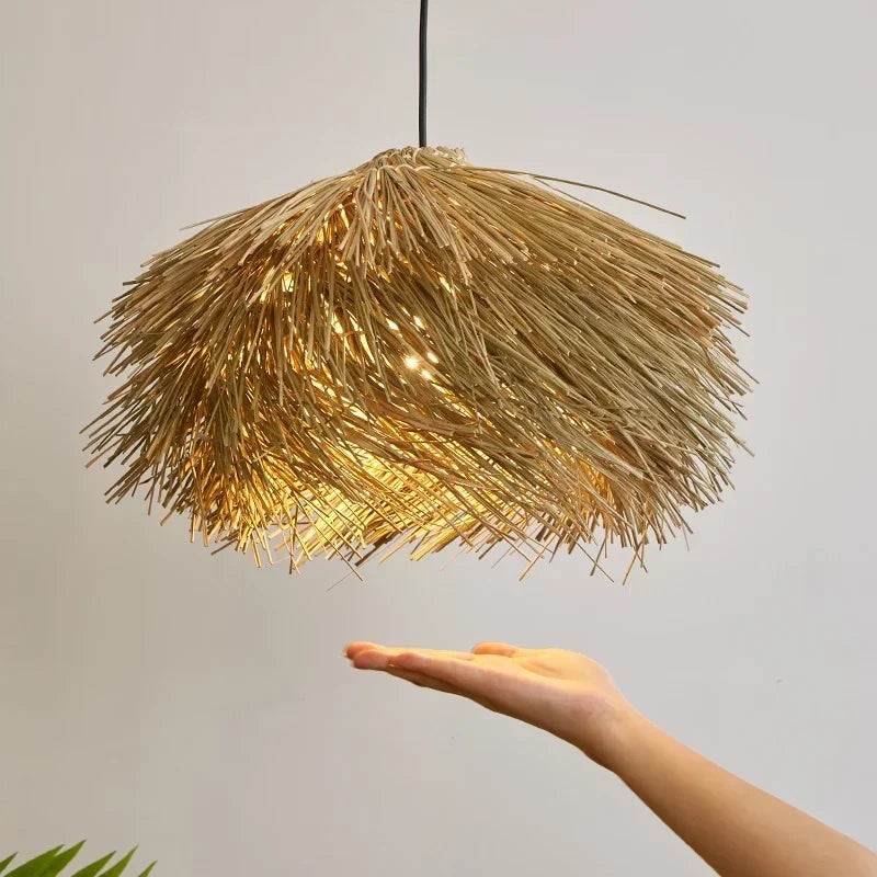 Suspension lumineuse dorée fibre naturelle moderne rustique salon lumière LED 249 2000 lumens(toucher interrupteur)