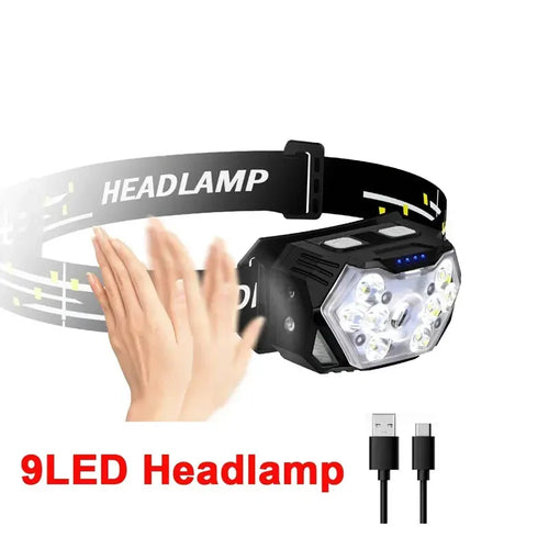 lampe frontale rechargeable led noir rayures blanches jaunes ceinture ajustable détecteur mouvement
