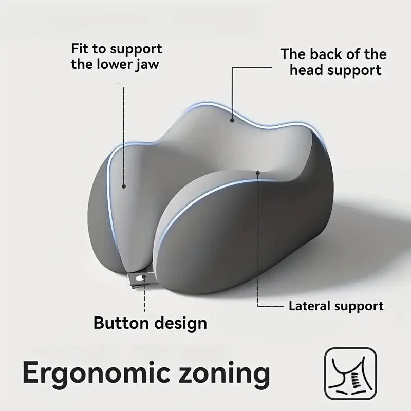 coussin voyage ergonomique mousse mémoire forme gris clips boîte rangement instructions utilisation confortable moderne