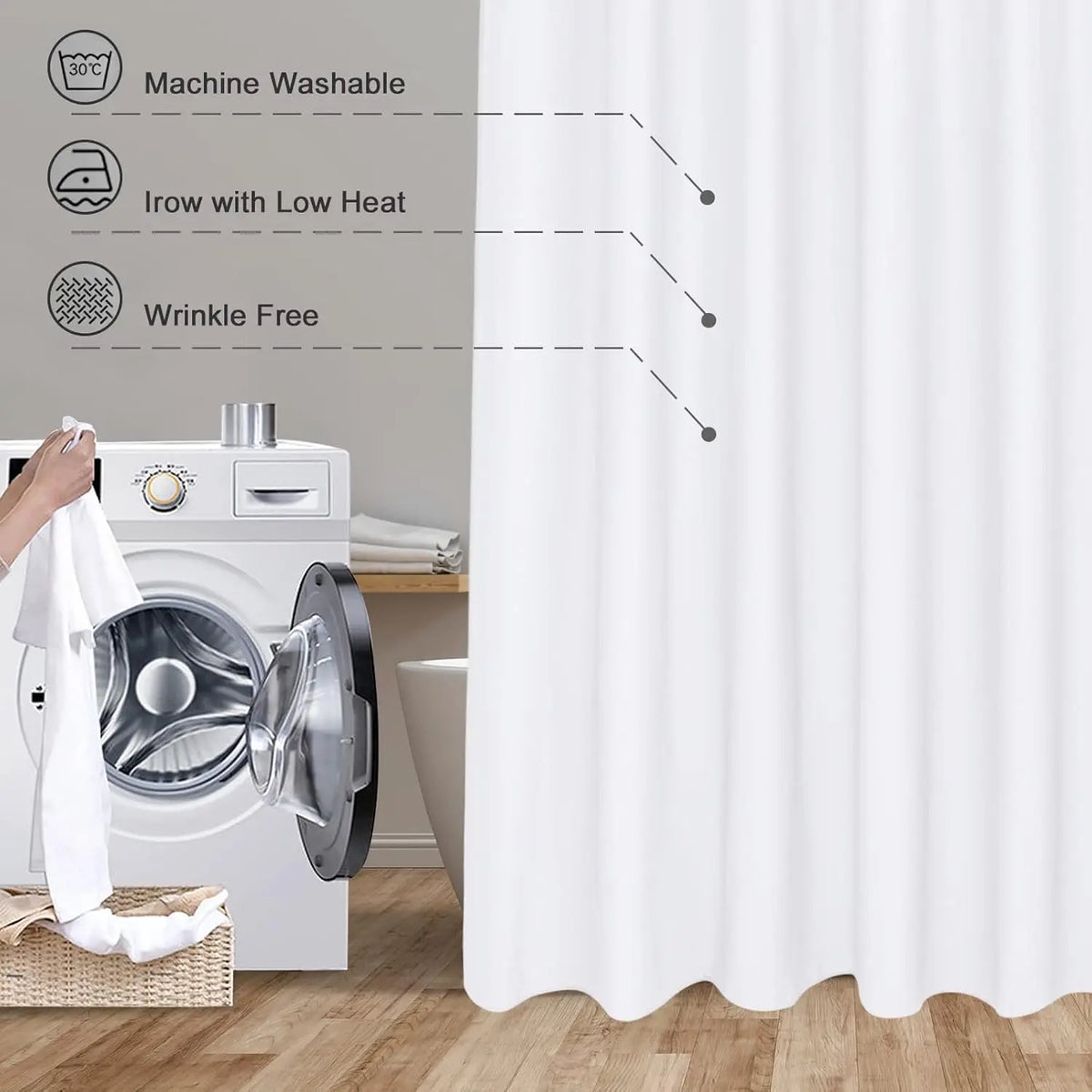 rideau douche blanc polyester moderne résistants largeur 120cm hauteur 180cmmodifiable
