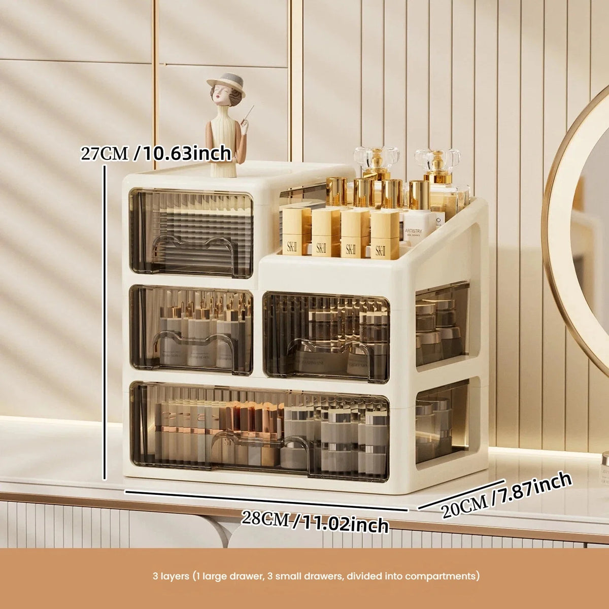 boîte rangement cosmétiques tiroirs compartiments moderne beige clair pliables PP haute qualité étagères bijoux