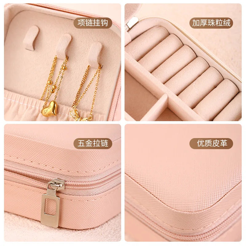 boîte rangement bijoux simili cuir vert clair rose pâle noir moderne pratique fermeture glissière