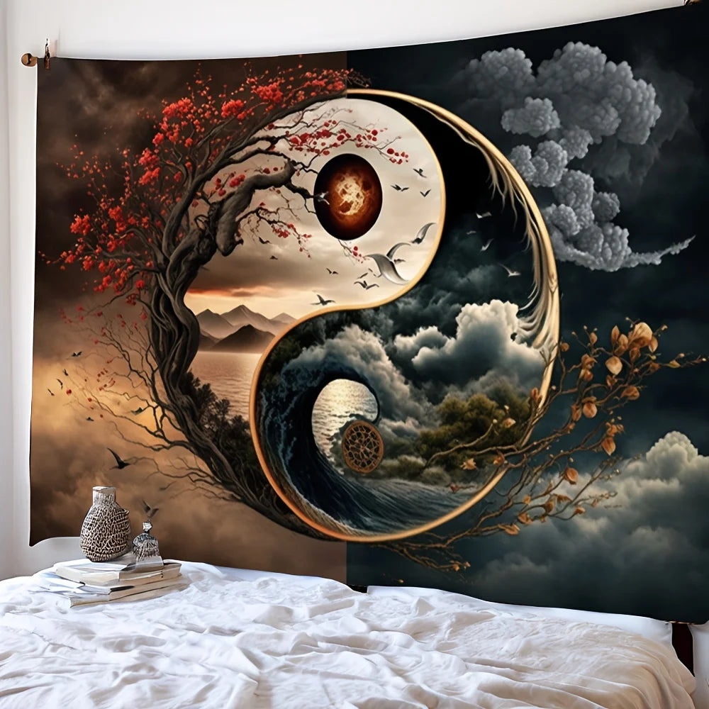 tapisserie multicolore yin yang arbre paysage oiseaux nuages contemporain oriental clips sac rangement