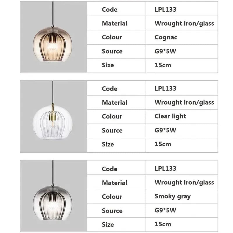 suspension lumineuse moderne cognac clair gris transparent rayures verticales ampoule g9 5w chaîne métallique