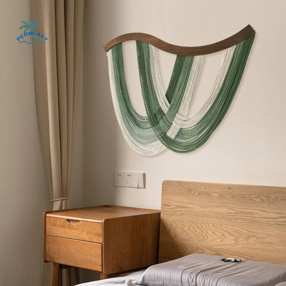 décoration murale bohème suspendue tissage coton vert blanc minimaliste naturel textile