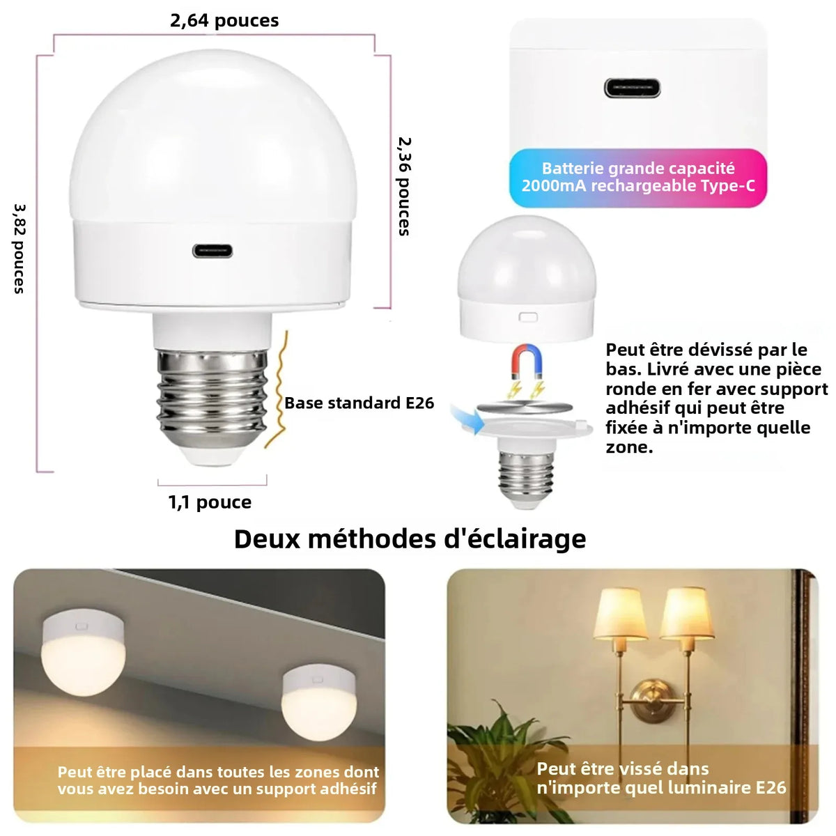 ampoule led rechargeable blanc moderne télécommande 15 couleurs températures adhésif