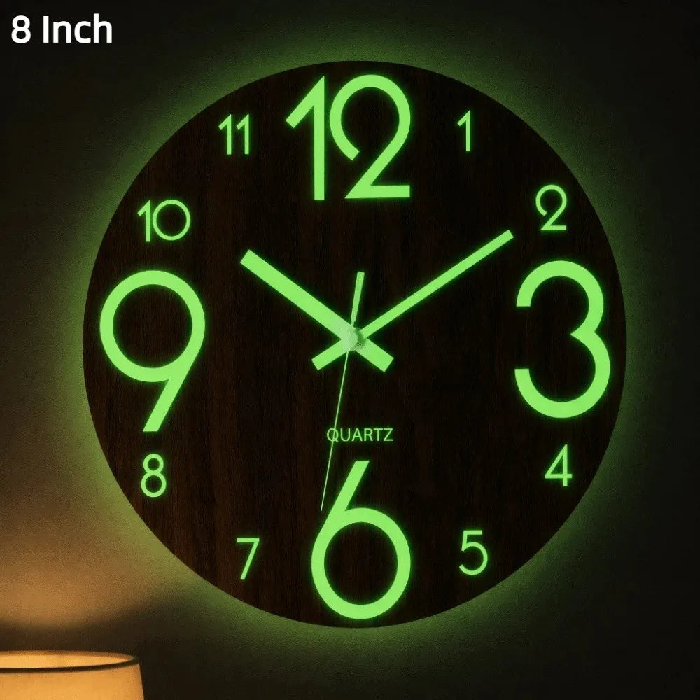 horloge murale moderne bois foncé chiffres blancs texture naturelle pouces facile lecture quartz salon