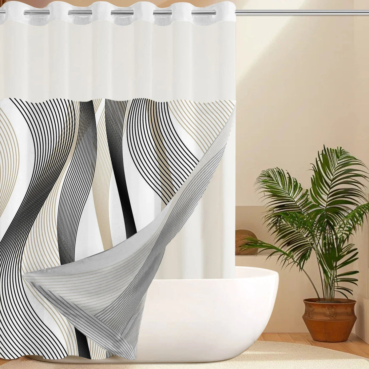 rideau douche moderne semi transparent motif abstrait polyester blanc noir beige