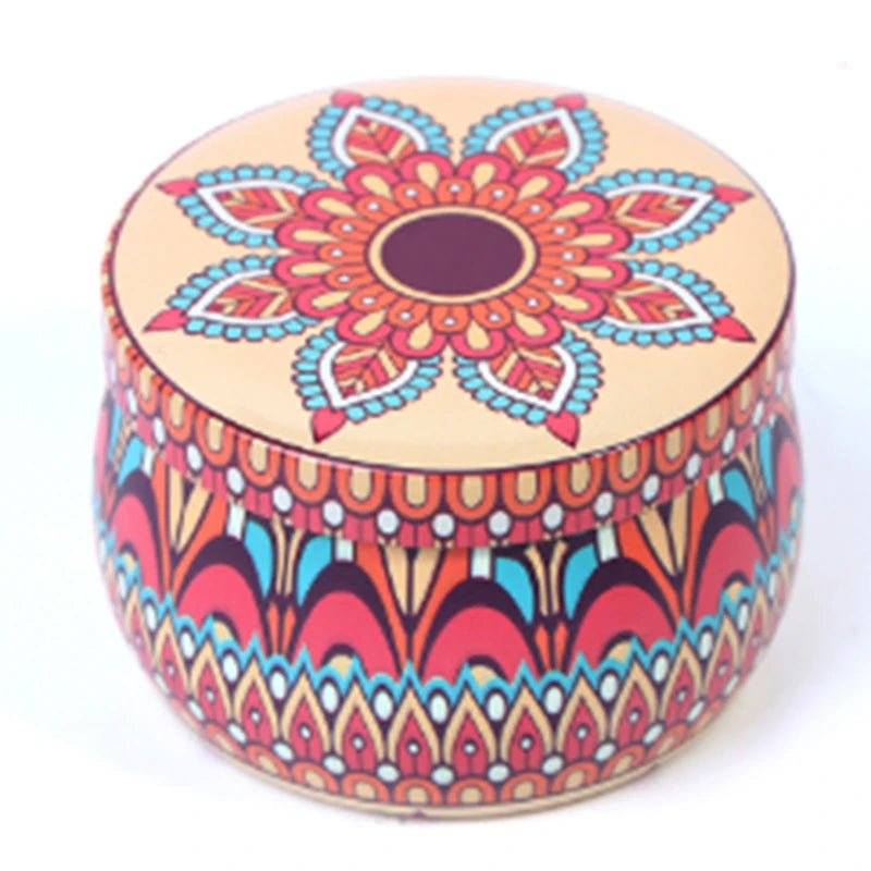 boîtes rondes métal multicolores motifs floraux géométriques boho chic décoration maison