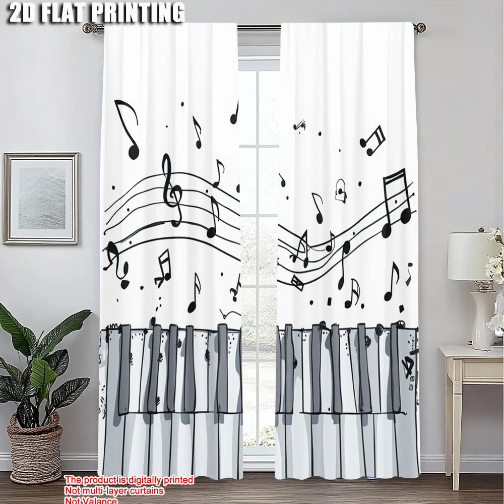 rideau moderne notes musique piano blanc noir polyester deux panneaux