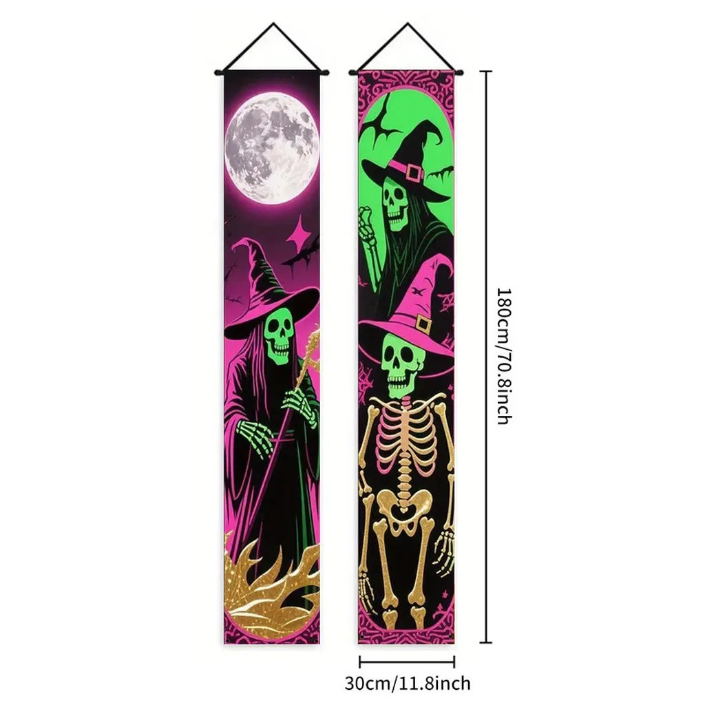 bannière suspendue halloween squelettes personnages costumés colonnes architecturales 180cm 30cm