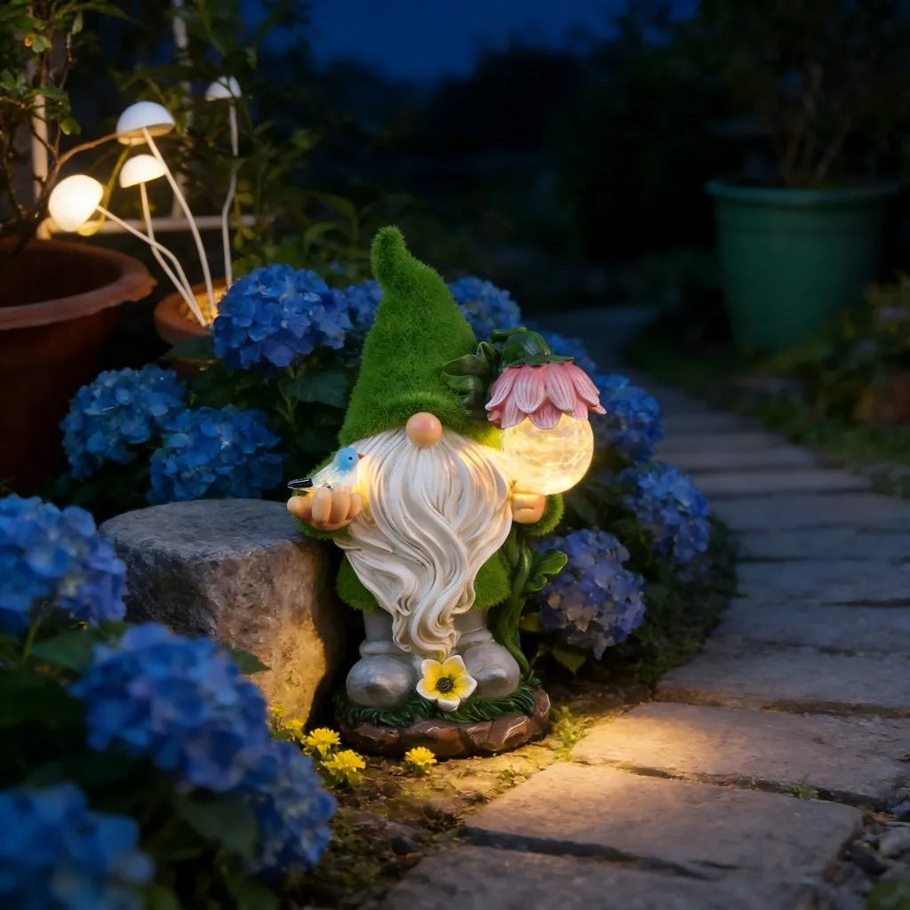 statue gnome solaire decoration jardin lumiere nocturne fleur oiseau transparence féerique rustic