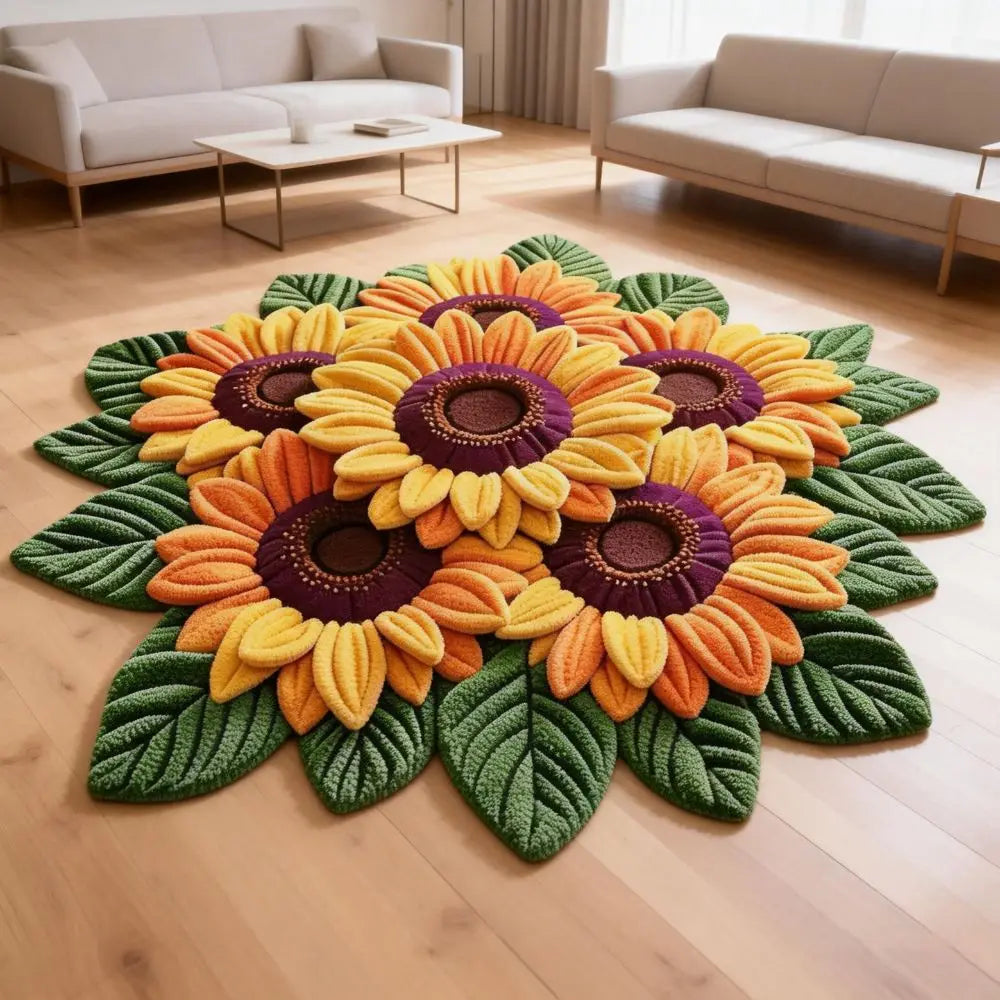 tapis fleurs tournesols roses lys vert jaune marron blanc rose texturé 3d antidérapant polyester