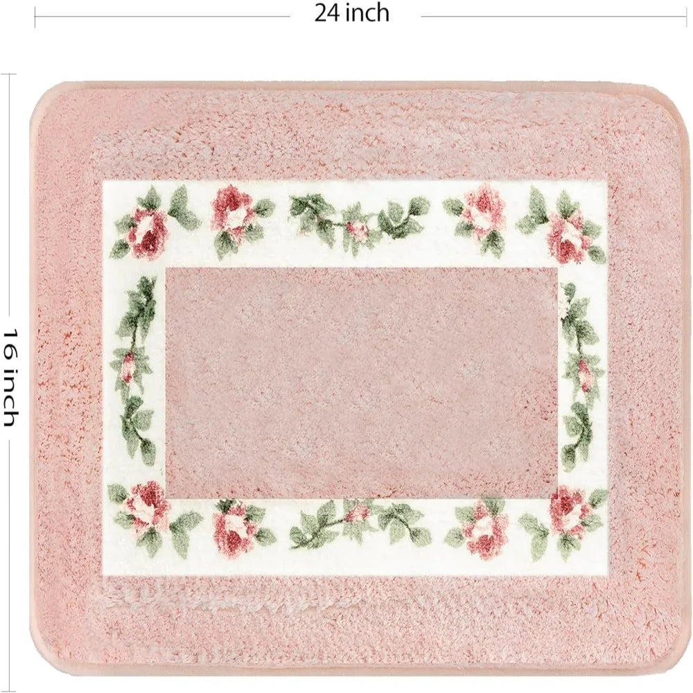 tapis rose fleurs polyester antidérapant classique doux moelleux salle bain vintage