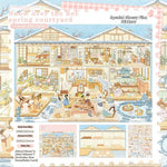 stickers decoratifs scènes vie cozy asiatique feuilles papier illustrations detaillees couleurs naturelles éléments architecturaux