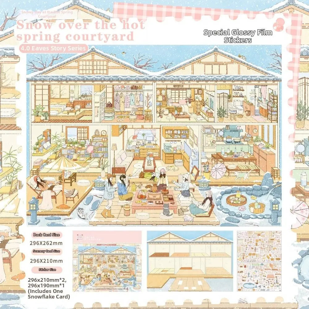 stickers decoratifs scènes vie cozy asiatique feuilles papier illustrations detaillees couleurs naturelles éléments architecturaux