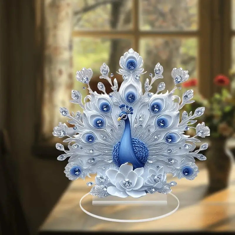 décoration murale paon résine bleu plumes strass élégante ornement fleurs transparent