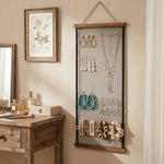 porte bijoux mural bois rustique gris brun clair toile lin multiple utilisation