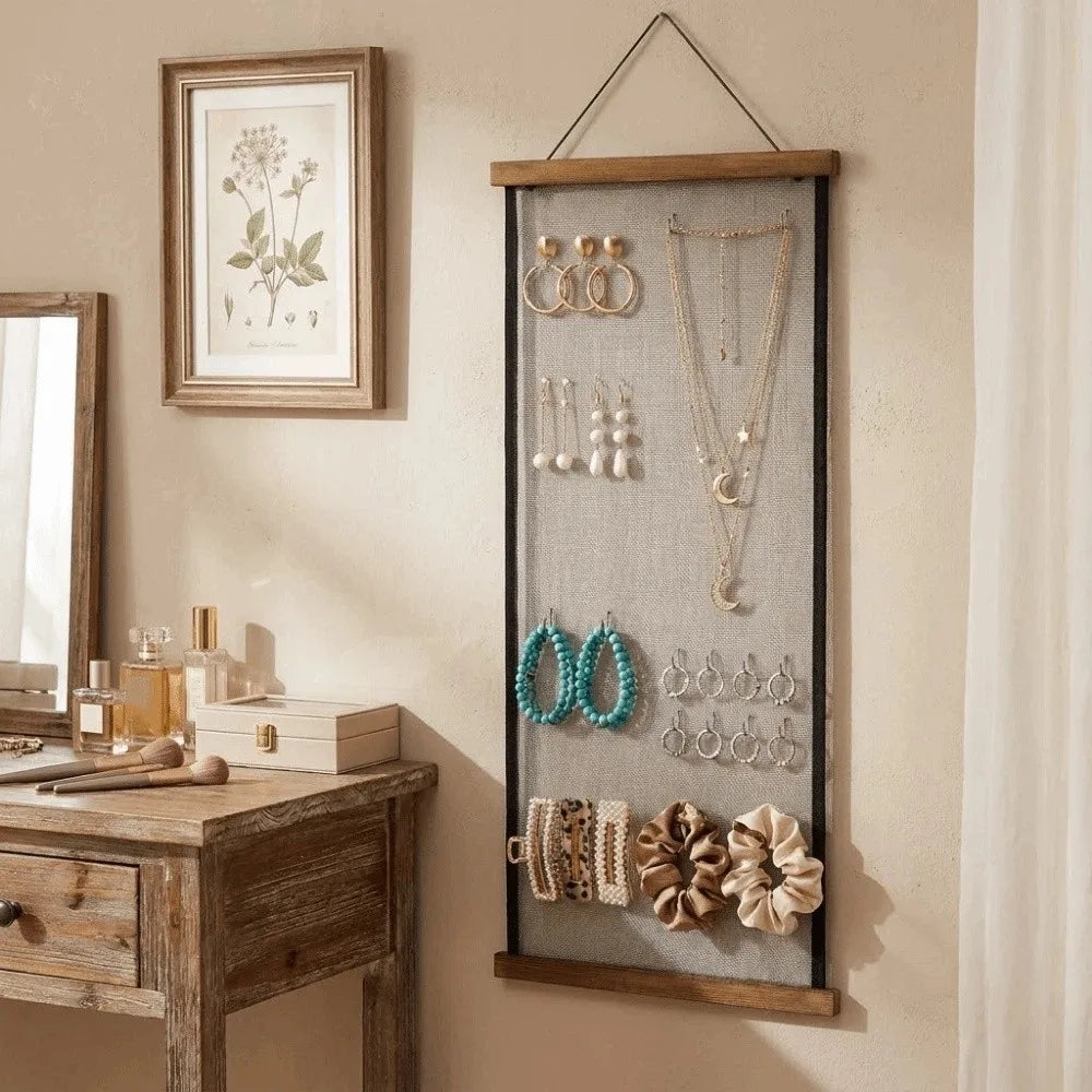 porte bijoux mural bois rustique gris brun clair toile lin multiple utilisation
