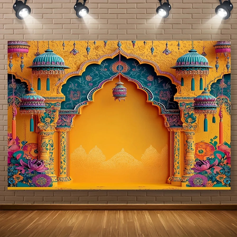 toile fond décoration murale indienne arches colonnes motifs floraux jaune orange violet occasionnelle festive