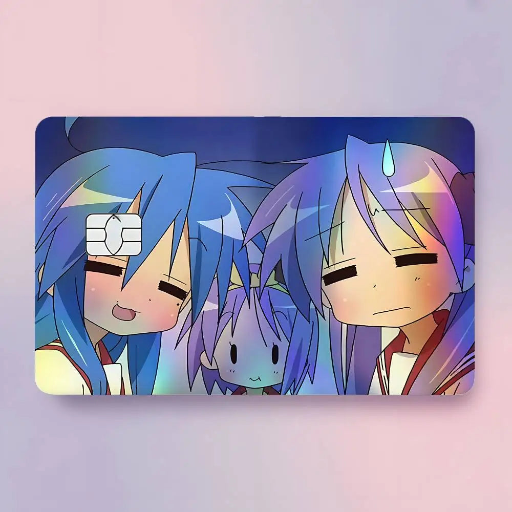 carte crédit personnalisée adhésive personnages animés holographique noir bleu vert arc ciel moderne illustratif