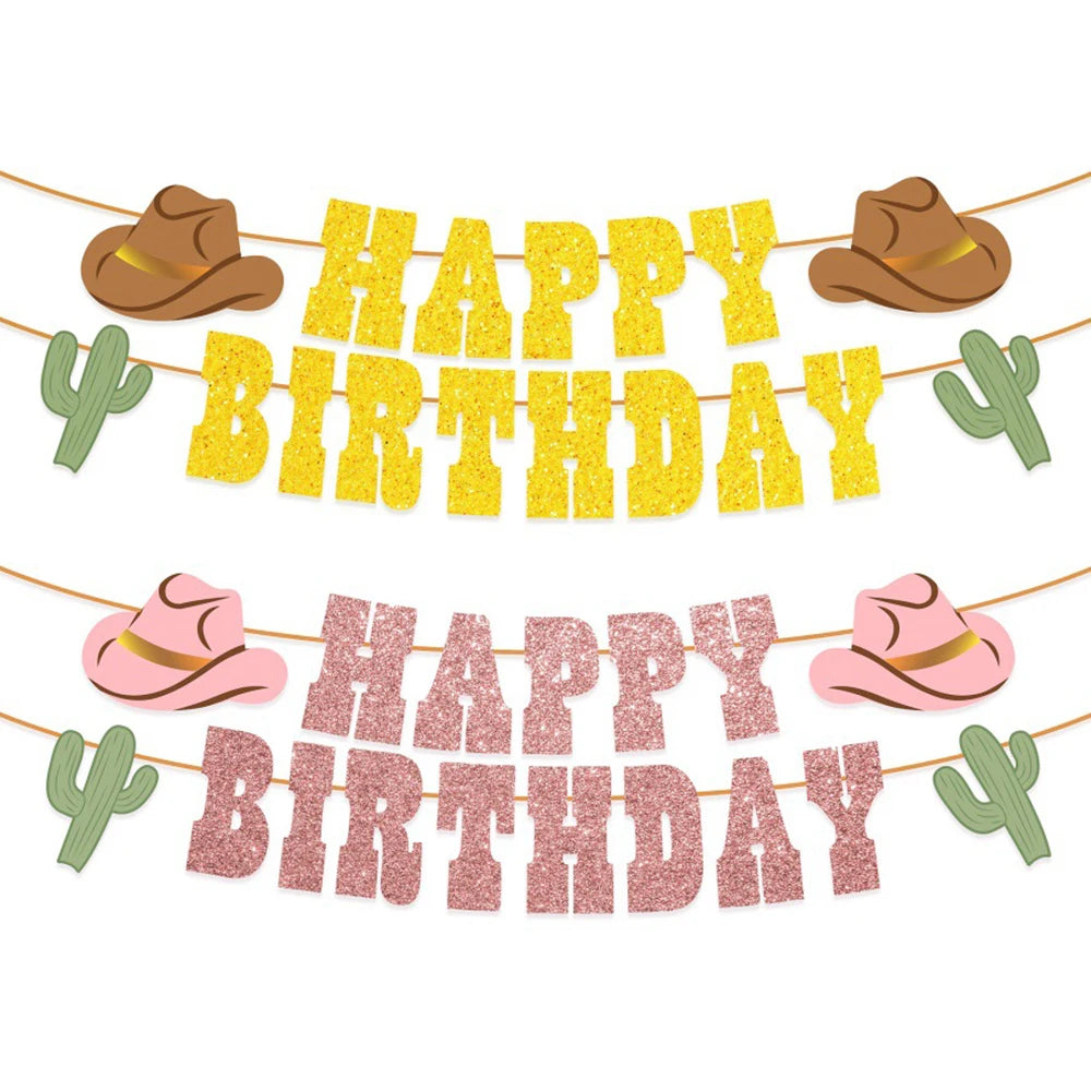 guirlande fête or pailletée chapeaux cowboys lettres happy birthday cactus western