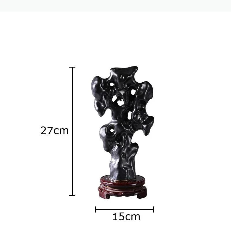 sculpture decorative rocher asiatique minimaliste art suzhou bleu noir gris craquelures blanc socle bois